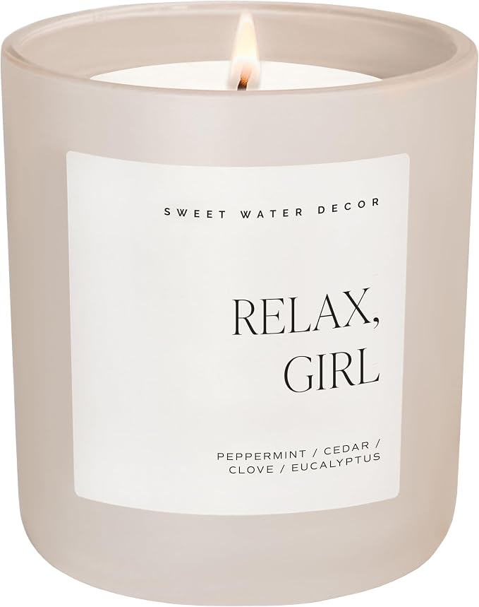 Sweet Water Decor Relax, Girl Candle - Peppermint, Clove, Cedar, Eucalyptus Scented Aromatherapy Candle - 15oz Tan Matte Jar, 70+ Hour Burn Time, Made in The USA, Non-Toxic Soy Wax Spa Gift for Spring