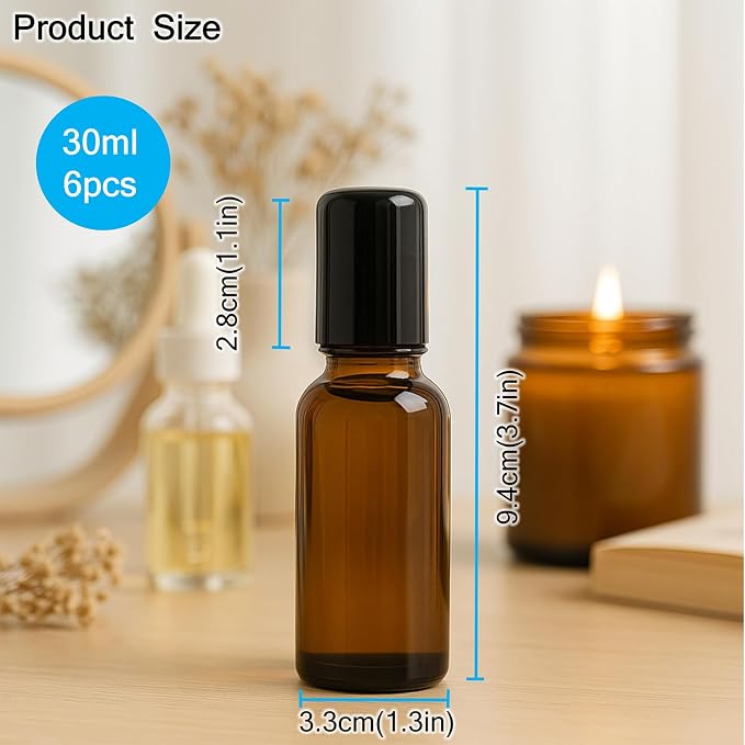 6 Packs 30ml/1Oz Amber Glass Roller Bottles with Black Caps Refillable Essential Oil Roll On Bottles Perfume Roller Containers for Aromatherapy, DIY Blends, Essential Oils