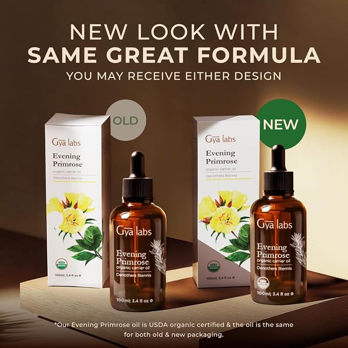 Gya Labs USDA Organic Evening Primrose Oil - 3.4 Fl Oz - Carrier Oil for Hair, Skin, Face, Scalp & Body Massage
