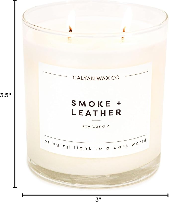 Calyan Wax Co. Smoke & Leather 2 Wick Scented Candle - 37 Hour Burn - Luxury Clean Soy Wax Candles - Long Lasting Large Glass Jar Candle for Home - 8.8oz