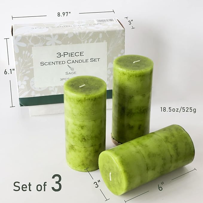 Sage Scented Candles - 3x6 Inch Green Pillar Candles Hand-Poured Long Lasting Burn Time Dripless Large Aromatherapy Candles for Home Scented Cleansing House Bathroom Relaxation Spa Church