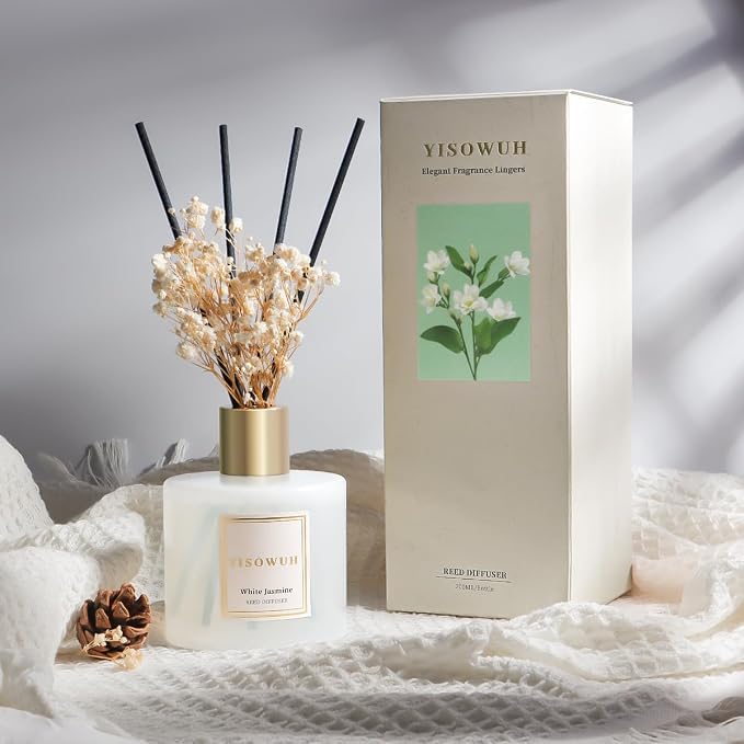 Diffusers for Home 6.76 fl oz（200ml）, YISOWUH White Jasmine Reed Diffuser Set Oil Diffusers with 8 Reed Sticks, Long Lasting Fragrance for Home Decor, Bathroom, Bedroom, Gifts