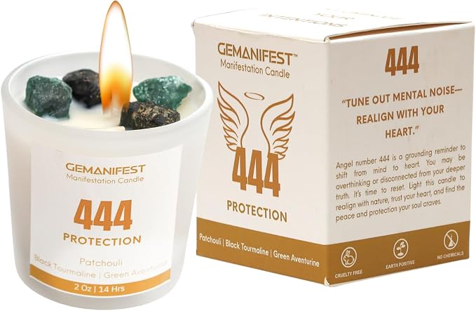 Angel Number 444 Manifestation Candle Crystal Infused Soy Wax with Black Tourmaline and Green Aventurine Patchouli Scented Spiritual Gift for Protection and Energy Alignment