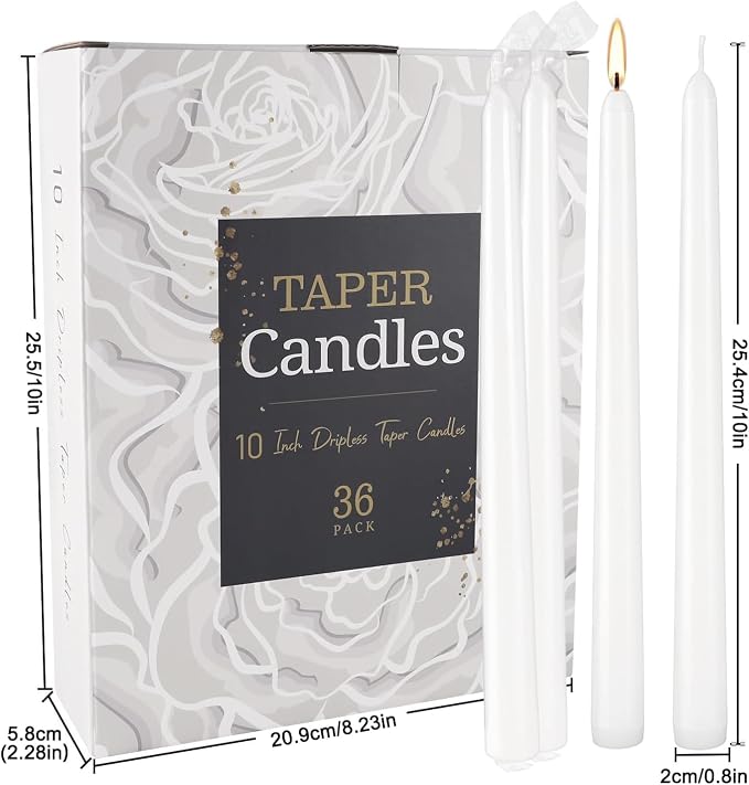 YOROXRG 36 Pack White Taper Candles, 7-8 Hours Burn Time, Unscented, Smokeless and Dripless, 0.8 x 10 Inch Dinner Candle Set for Household, Wedding, Party and Home Décor Candlesticks