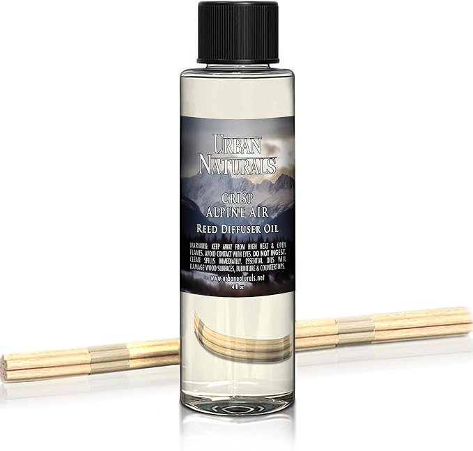 Urban Naturals Reed Diffuser Oil Refill, Crisp Alpine Air Diffuser Oils with Eucalyptus, Pine, Citrus, 4 oz + Free Reed Sticks, Made in the USA