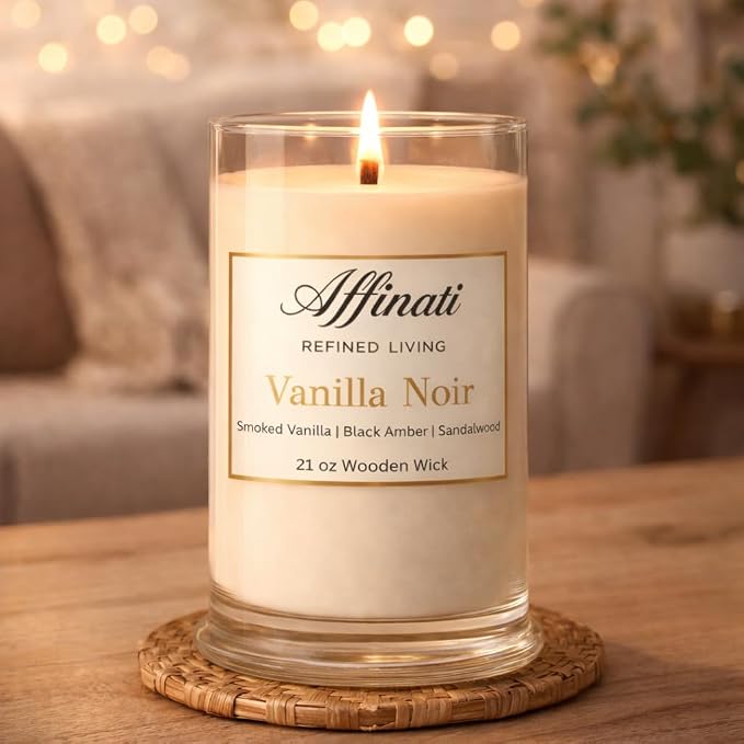 Affinati Vanilla Noir Large Scented Candle, 21 oz Wooden Wick Tumbler – Highly Fragrant Extra Long Lasting Home Fragrance, Soy Blend Candle