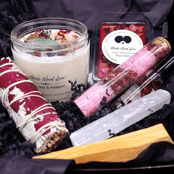 BlkGrlMagick Rose Quartz Self Love Manifestation Crystal Candle, Sea Salt and Orchid Scented Amazonite,Rose Petals, Hibiscus, Organic Soy Candles, Handmade, Black Owned Spiritual Gifts (16oz Jar)