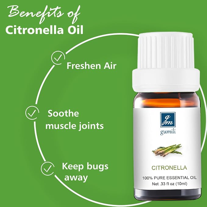 GM Gumili Citronella Essential Oil - 100% Pure Organic Oil for Diffuser, Spray, Candle Making & Skin Care - 10mL Glass Bottle