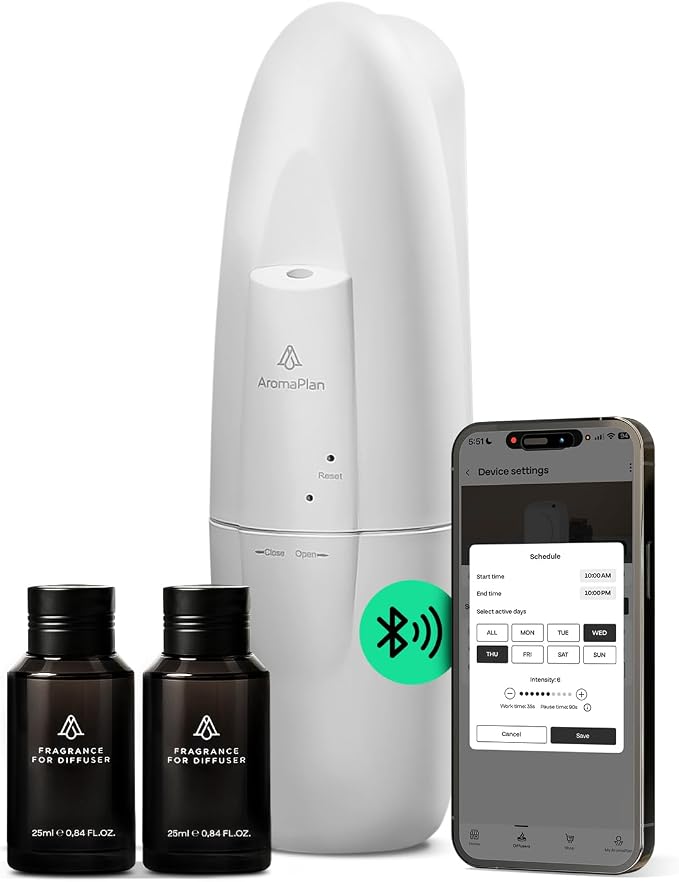 AromaPlan 5 Star Collection Plug in Diffuser (2 Fragrances Included)-Cold Air & Waterless Diffusers for Home & Office- Silent Wall Diffuser Plug in, Bluetooth App Control, 500 sq. ft (White)