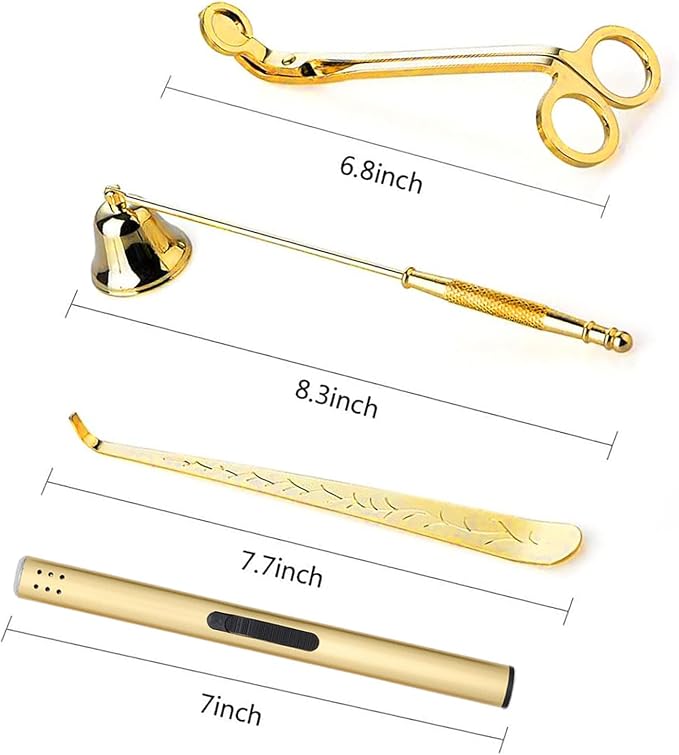 5 in 1 Candle Accessory Kit, Gold Candle Wick Trimmer Set with Rechargeable Lighter, Wick Dipper & Storage Tray, Premium Candle Lighter and Wick Trimmer Set for Scented Candle Lovers
