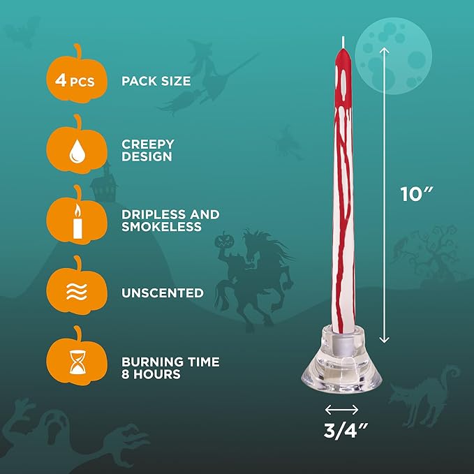 CANDWAX 10 inch Taper Candles Set of 4 - Unscented Taper Burning for 8 Hours - No Drip Taper Candles Ideal for Halloween or Other Themed Party - Blood White