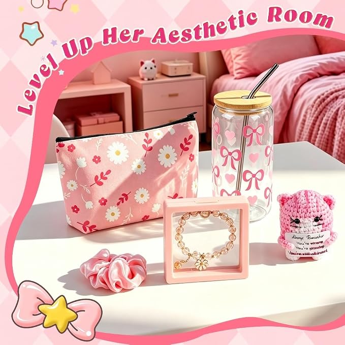 Birthday Gifts Baskets for Women, Get Well Soon Care Package for Girls | 9 PCS Sweet Pink Teen Girl Gift Trendy Stuff, Pick Me Up Gift Box, Surgery Recovery Care Package , Cheer Up Feel Better