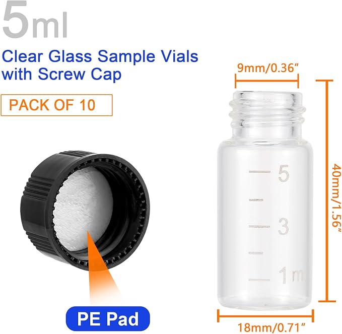 Kesell 10pcs Borosilicate Glass Sample Vial with Black Screw Cap, 5ml Clear Bottles with Scale