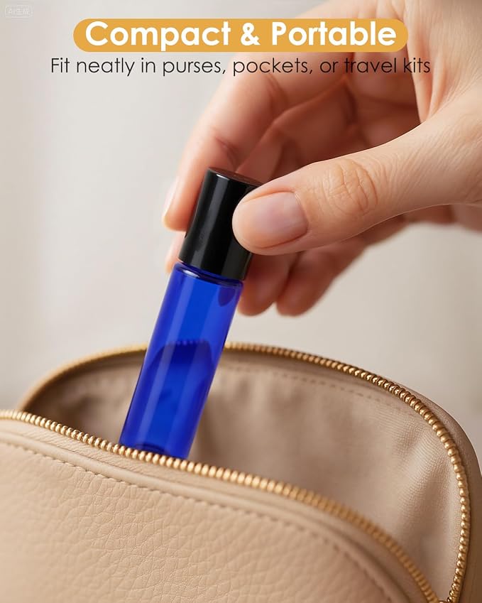 Worldgsb 25 Pack Essential Oil Roller Bottles, 10ml Refillable Glass Roller Bottles with Stainless Steel Roller Balls and Caps for Travel, Perfume and Lip Gloss Blue