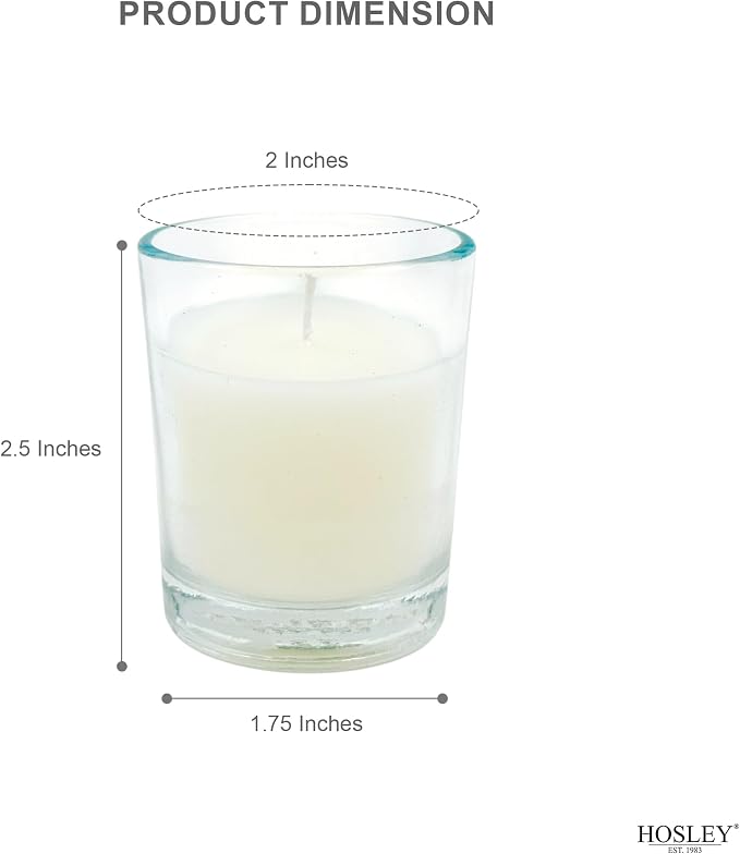 Hosley Set of 12 Ivory Unscented Votive Candles 12 Hour Burn Time Hand-Poured Wax in Clear Glass Holders Long-Lasting, Smokeless Candles for Weddings, Home Décor, Spa & Events.