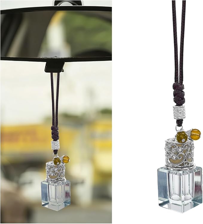 Hanging Car Essential Oil Diffuser Bottle, Crystal Block Car Rear View Mirror Charm, 8 ml Empty Glass Bottle Pendant, Elegant Auto Interior Decoration Accessories (Block)