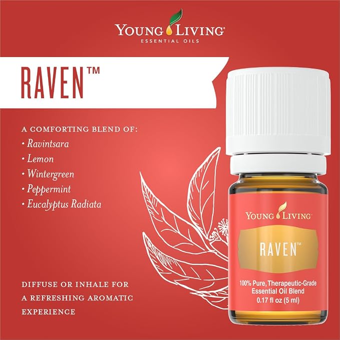 Young Living Raven Essential Oil Blend | 5 ml | Refreshing Aromatic Blend for Diffusers, Diluted Topical Use & Bath Time | Eucalyptus, Lemon, Wintergreen & Peppermint Oils | Portable Bottle