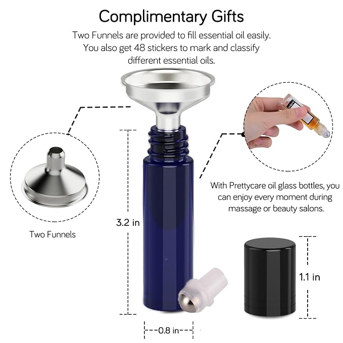 PrettyCare 10 ml 4 Pack Essential Oil Roller Bottles with Stainless Steel Roller Ball - Refillable Leak-proof Empty Thick Blue Glass Roll on Bottles with Black Caps for Travel, Perfume