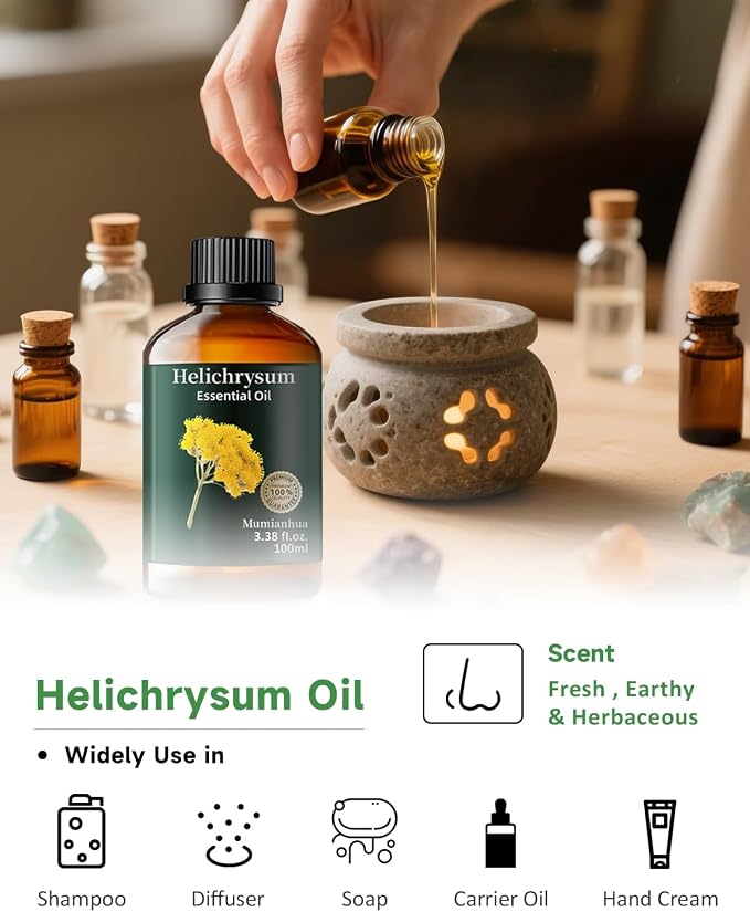 Helichrysum Essential Oil Pure – Mumianhua Natural Oil for Skin & Hair, Aromatherapy for Massage, DIY Candle & Soap Making, Diffuser & Humidifier – 3.38 Fl oz
