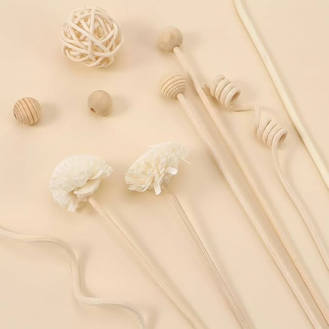Amabro 15Pcs Natural Rattan Reed Diffuser Sticks Fragrance Oil Diffuser Flower Set Wood Beads Butterfly Replacement for Home Office Aromatherapy Decor