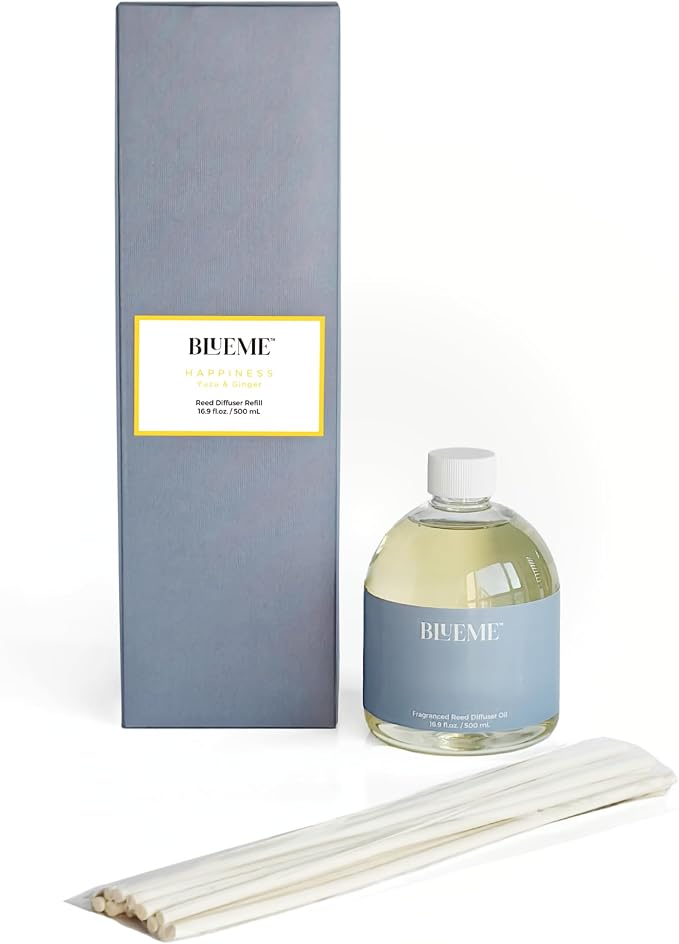 Blueme Happiness Wellness Diffuser Oil Refill | Yuzu & Ginger | 16.91 Fl Oz - Refillable Diffuser, Essential Oils, Ceramic, Rattan Reeds | Large