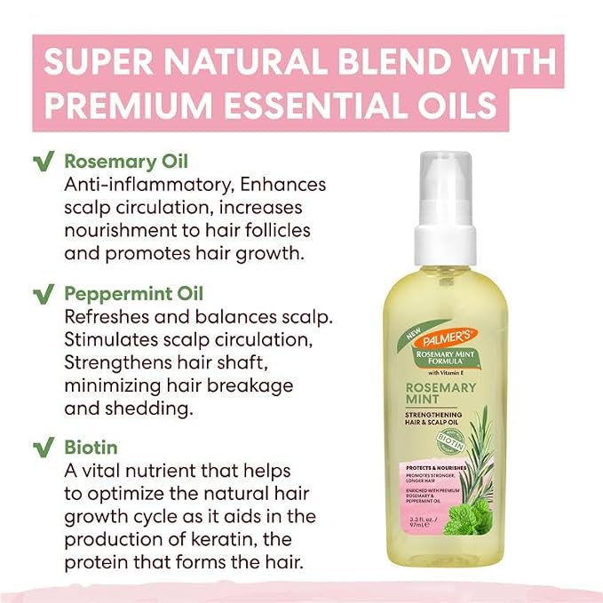 Palmer's Hair Oil, Rosemary Mint Strengthening Hair & Scalp Oil, 3.3 fl. oz, Helps Stimulate Growth, Hydrating & Protecting for Anti-Breakage, Nourishes Dry Roots, Adds Softness & Shine