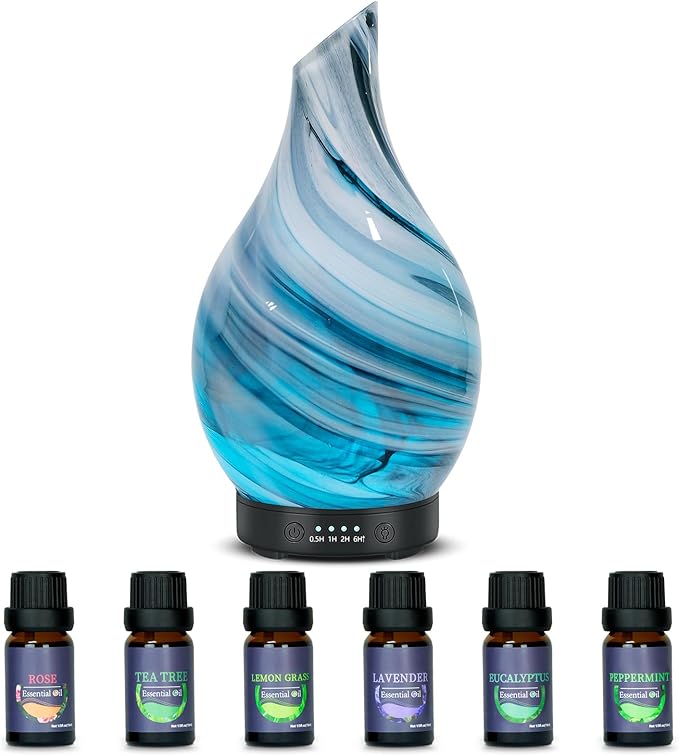 Aromatherapy Essential Oil Diffuser for Home- Art Glass Diffuser for Essential Oils with Waterless Auto Shut-Off 4 Timer 7 Colors LED Night Light for Home Office Decor Gifts for Women