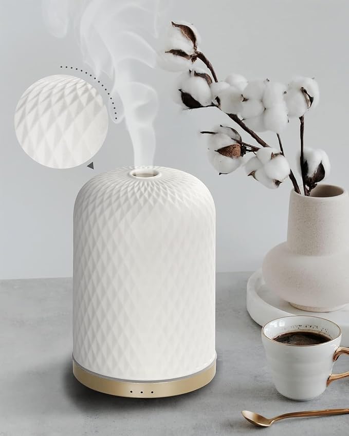 Onaboviva Essential Oil Diffuser - 2.4 MHz Ultrasonic Cold Mist Aromatherapy Diffuser with 3 Timers, Auto Shut-Off, Ceramic Night Light Diffuser for Home, Bedroom, Office