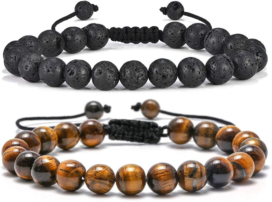 M MOOHAM Mens Bracelet - Beaded Natural Stone 8mm Tiger Eye Matte Agate Lava Rock Bracelets for Men Teen Boys Grandpa Dad Birthday Gifts Jewelry