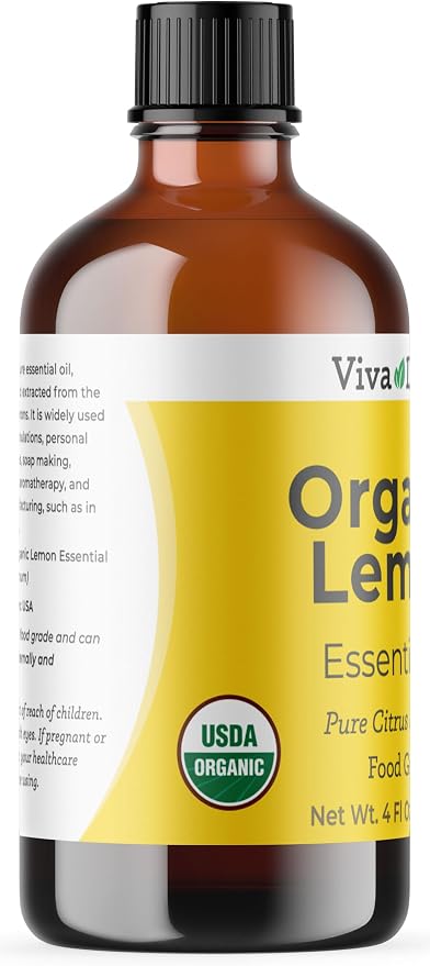 Viva Doria Lemon Essential Oil, USDA Certified, Organic Lemon Oil, 100% Pure, Natural Essential Oil, Undiluted, for Aromatherapy | Food Grade, 118 mL (4 Fluid Ounce)