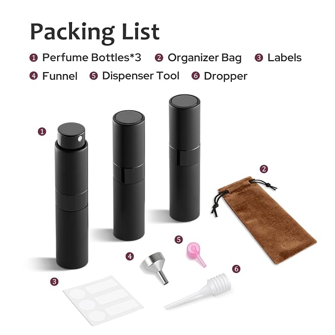 LISAPACK 8ML Atomizer Perfume Spray Bottle for Travel (3 PCS) Empty Cologne Dispenser, Portable Sprayer Travel Essentials for Men and Women (Black)