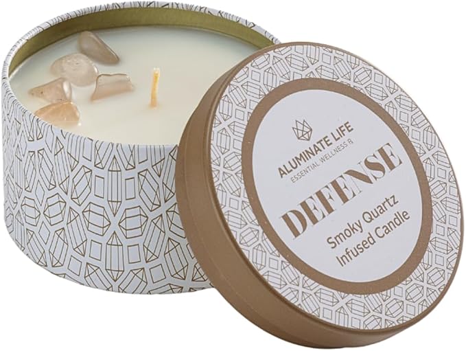 Luxury Candle Tin, 6 OZ, Defense - Smoky Quartz Crystal Infused - Scents of Frankincense, Neroli, & Sage - Detoxify, Ground, & Fortify - Coconut Wax Blend, Essential Oils