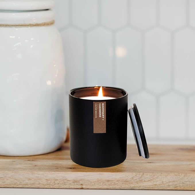 Calyan Wax Co. Mahogany & Cashmere Scented Candle - 75 Hour Burn - Luxury Clean Soy Wax Candles - Long Lasting Black Tumbler Jar Candle for Home - 10.2oz