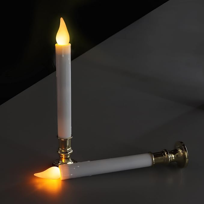 FURORA LIGHTING White Taper Candles with Gold Holders, Pack of 2-9.9" Flameless LED, 5/19 Auto Timer, Batteries Included - Wedding, Dinner & Home Decor
