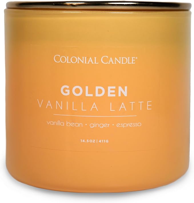 Colonial Candle Golden Vanilla Latte Scented Jar Candle, Pop of Color Collection, 3 Wick, 14.5 oz - Up to 60 Hours Burn
