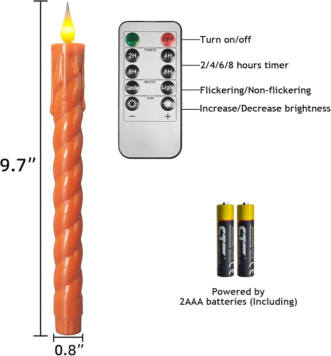 Flameless Taper Candles Flickering with Remote,Timer, Dimmer,9.7 Inch Orange 6 Pack Candle Sticks,Realistic Wax Drip,Battery Operated Candlesticks for Christmas Wedding Halloween Home Decor
