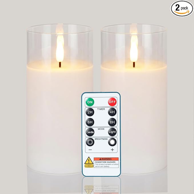 Homemory Clear Glass Flameless Candles Battery Operated LED Pillar Candles with Remote and Timer, Real Wax Flickering Candles with 3D Wick, Decorative Glass Candles Home Wedding Holiday Decor, 2 Pack