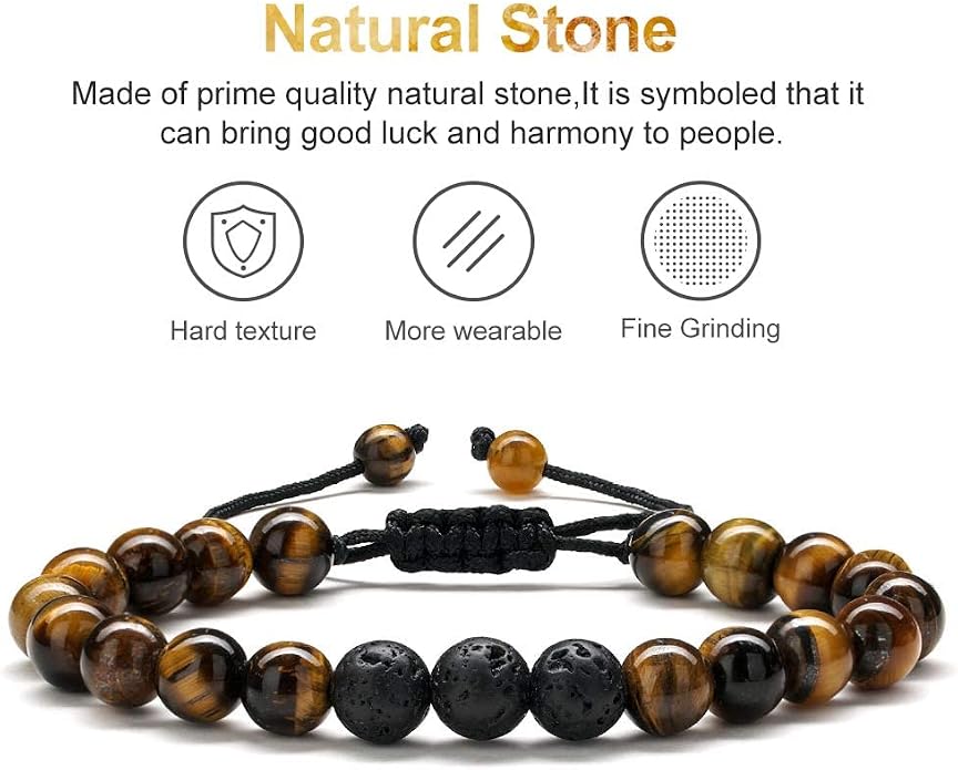 M MOOHAM Mens Bracelet - Beaded Natural Stone 8mm Tiger Eye Matte Agate Lava Rock Bracelets for Men Teen Boys Grandpa Dad Birthday Gifts Jewelry