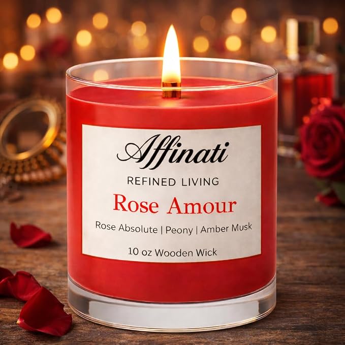 Affinati Rose Amour Scented Candle, 10 oz Wooden Wick Tumbler Jar – Romantic Fresh Cut Floral Aromatherapy, Luxury Soy Blend Gift
