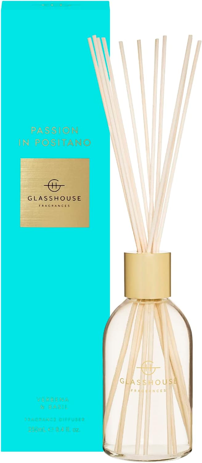Glasshouse Fragrances Passion in Positano Reed Diffuser, Home Fragrance & Perfume Scented Room Decor, Natural & Oil Free, Verbena & Basil, 8.5 Oz (250mL)