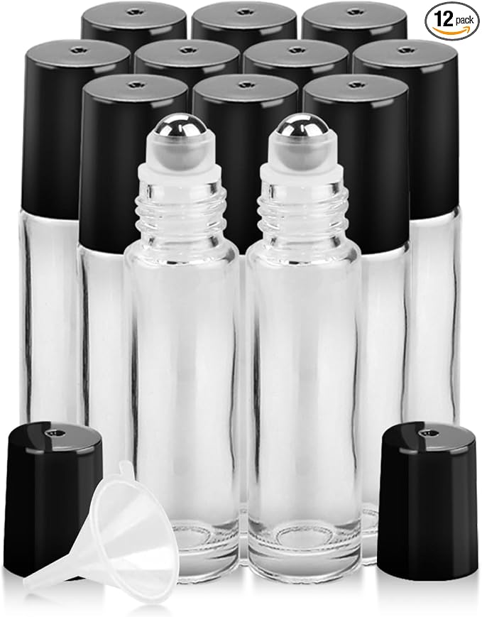 Worldgsb 12 Pack Essential Oil Roller Bottles, 10ml Refillable Clear Glass Roller Bottles with Stainless Steel Roller Balls and Caps for Travel, Perfume and Lip Gloss