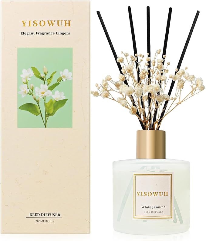 Diffusers for Home 6.76 fl oz（200ml）, YISOWUH White Jasmine Reed Diffuser Set Oil Diffusers with 8 Reed Sticks, Long Lasting Fragrance for Home Decor, Bathroom, Bedroom, Gifts