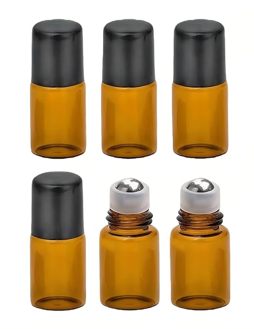 2ML 6PCS Essential Oil Glass Roller Bottles Mini Tiny Refillable Empty Aromatherapy Perfume Liquid Amber Glass Roll On Bottles Vials Metal Rollerball Bottles Jar