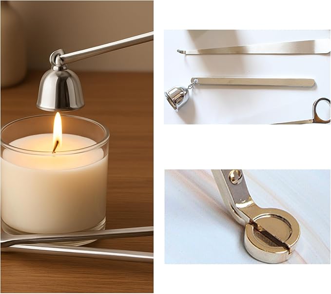 3 in 1 Candle Accessory Set, Candle Wick Trimmer Cutter, Snuffer, Dipper, Wick Care Kit with Trimmer, Dipper and Extinguisher (Silver)