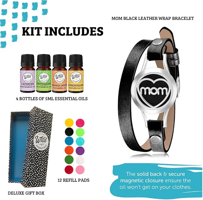 Wild Essentials MOM Essential Oil Leather Wrap Bracelet Diffuser Kit, Gift Set, Lavender, Lemongrass, Peppermint, Orange Oils, 12 Pads, Customizable Color Changing Perfume Jewelry, Aromatherapy