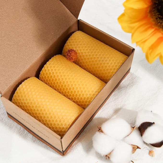 DEYBBY Beeswax Honeycomb Rolled Pillar Candles Set of 3 - Handmade Pure Organic Bees Wax Candles for Home Study Decor Housewarming Gift (2×3.3 in)