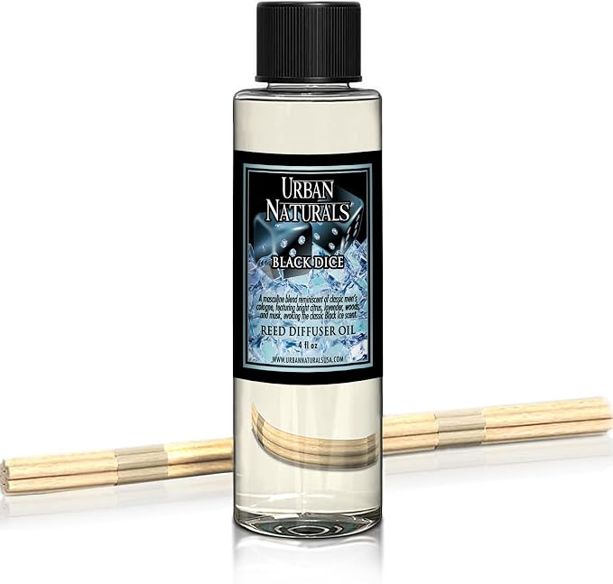 Urban Naturals Black Dice Scented Oil Reed Diffuser Refill | Includes Reed Sticks! 4 oz Masculine Blend of Citrus, Lavender, Woods & Musk | Made in the USA