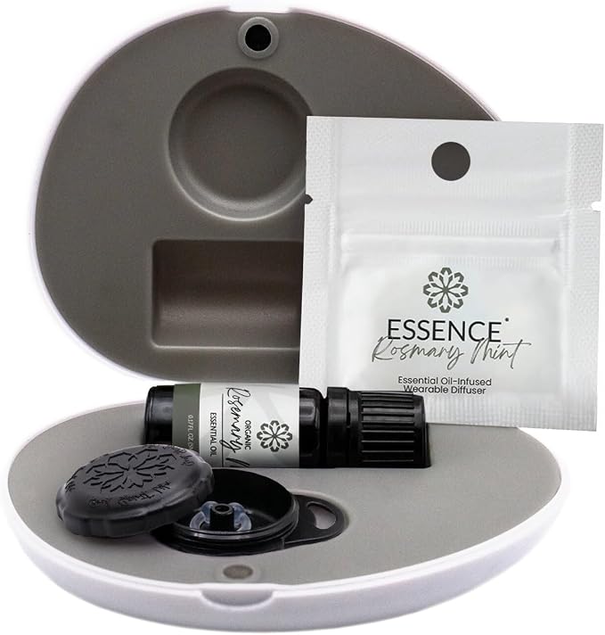Essence Pearl Travel Case | Rosemary Mint Essential Oil | Aromatherapy Nasal Diffuser & Essential Oil Carrying Case | Peppermint & Rosemary Scent | Travel-Friendly Kit | Black Pod
