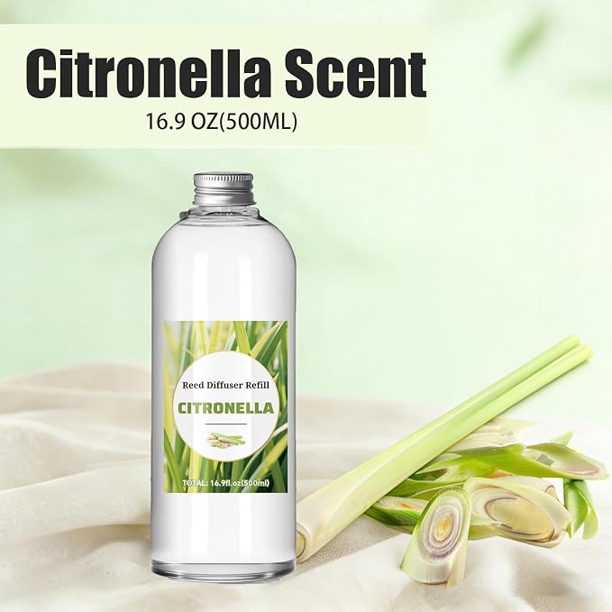 STRN Citronella Reed Diffuser Set, Lemongrass Diffuser Oil Refill, with 6 Sticks 500ML(16.9fl.oz), Room Fresheners for Home, Long-Lasting Scented Fragrance for Summer, Living Room, Bedroom, Office