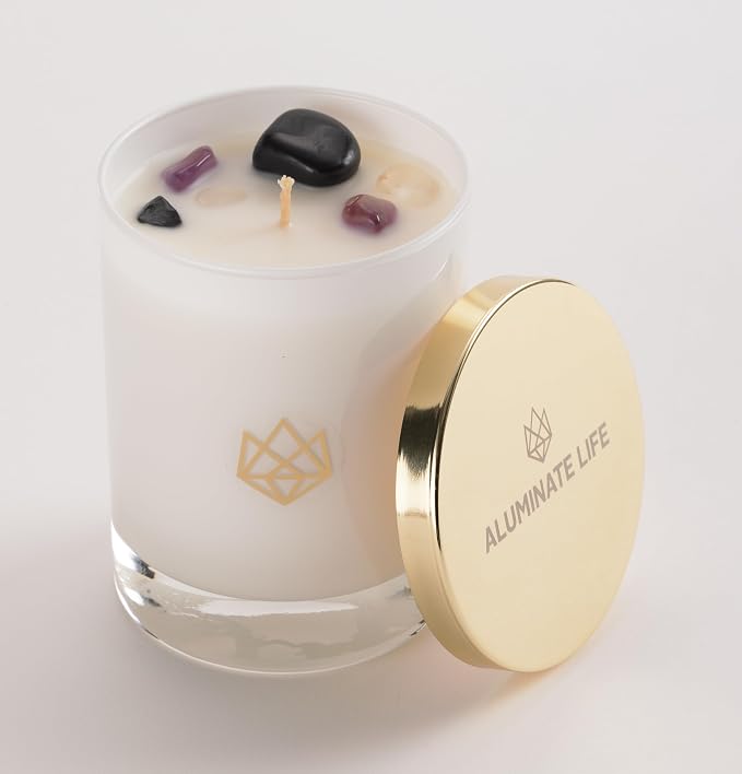 Luxury Glass Jar Seasonal Candle, 14 OZ, Ember - Amethyst & Clear Quartz Crystal Infused - Holiday Scents of Clove Bud, Vanilla, and Smoked Vetiver - Coconut Wax, Essential Oils